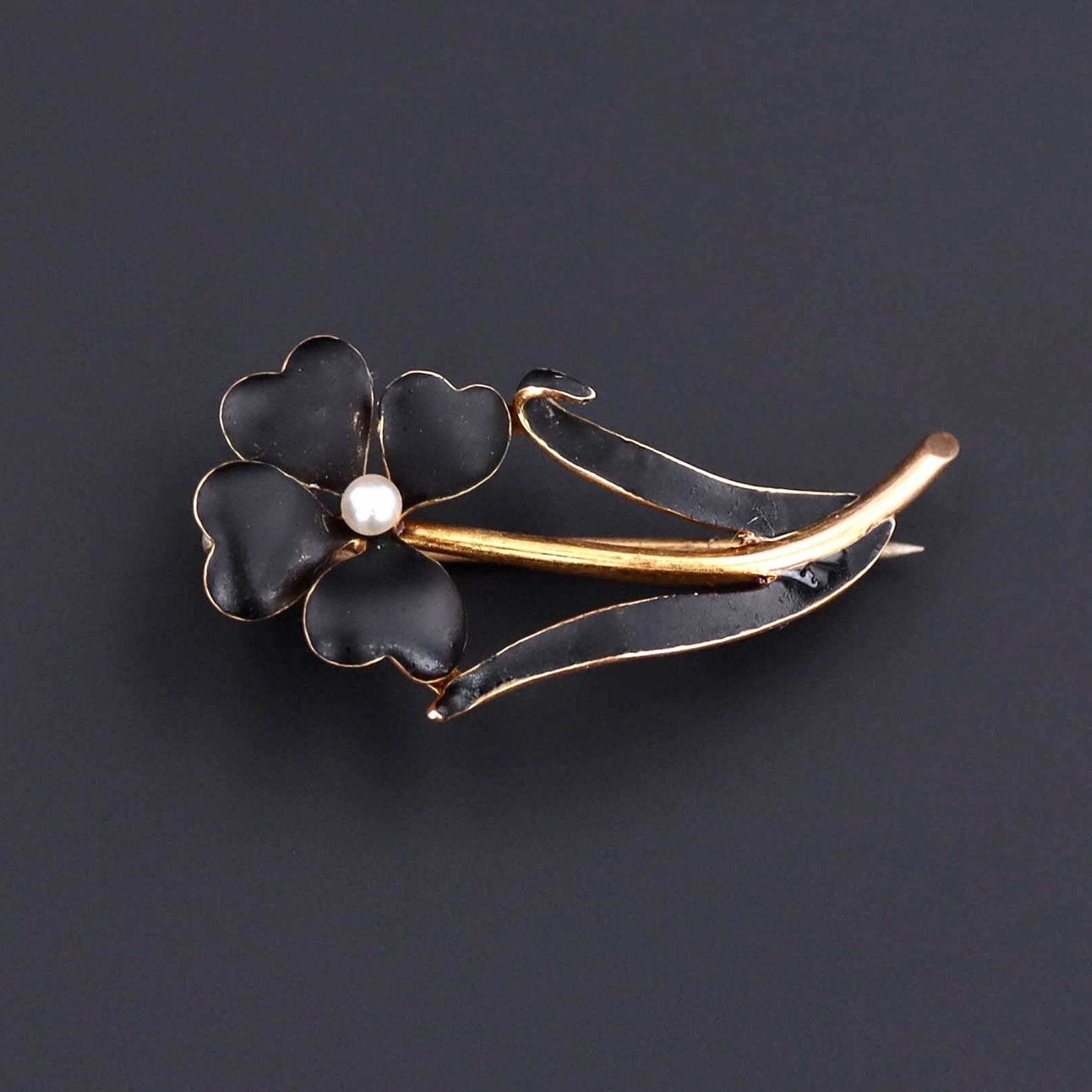 Black Enamel Flower Brooch | 14k Gold Brooch 
