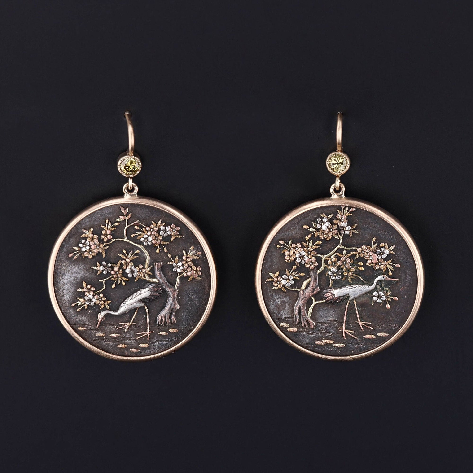 Shakudo Earrings | Antique Heron Earrings 