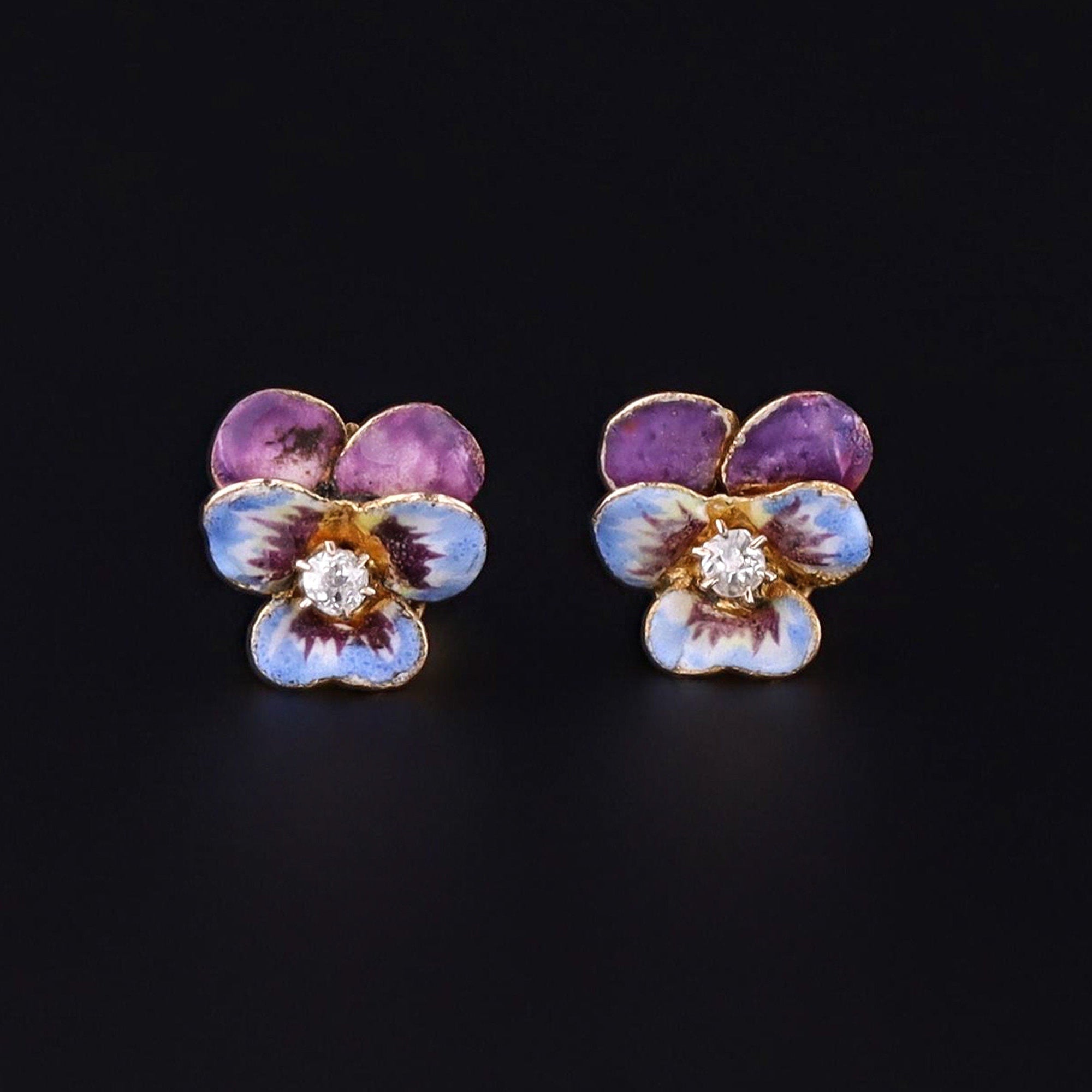 10k Gold & Enamel Pansy Earrings | Antique Earrings 