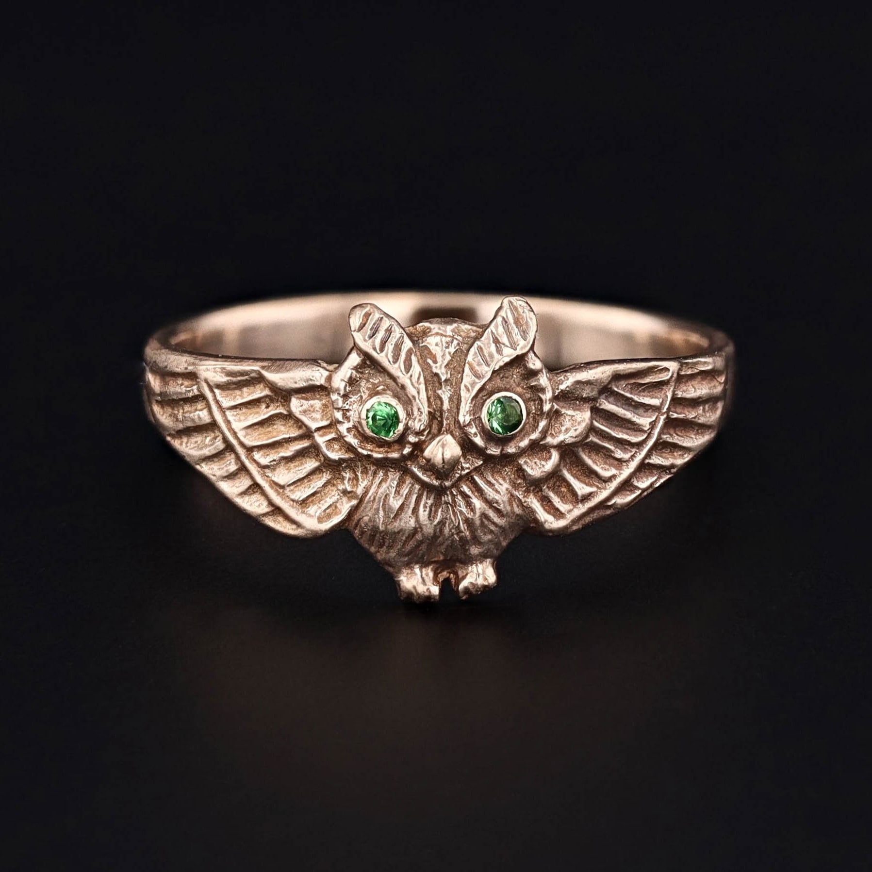 Owl Ring 14k Gold with Tsavorite Garnet Eyes Recast from an Antique Ring