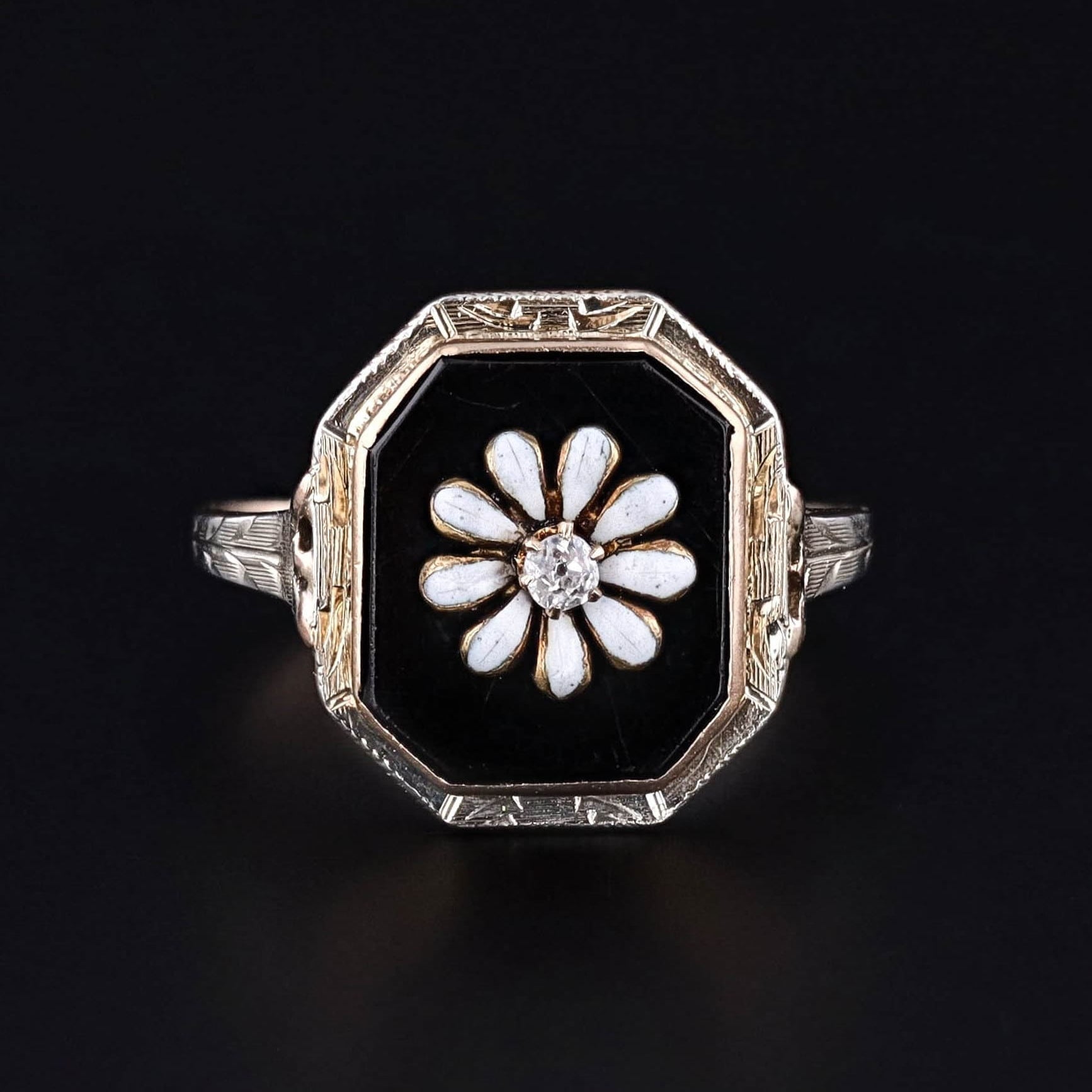 Antique Onyx Daisy Conversion Ring of 10k Yellow and White Gold