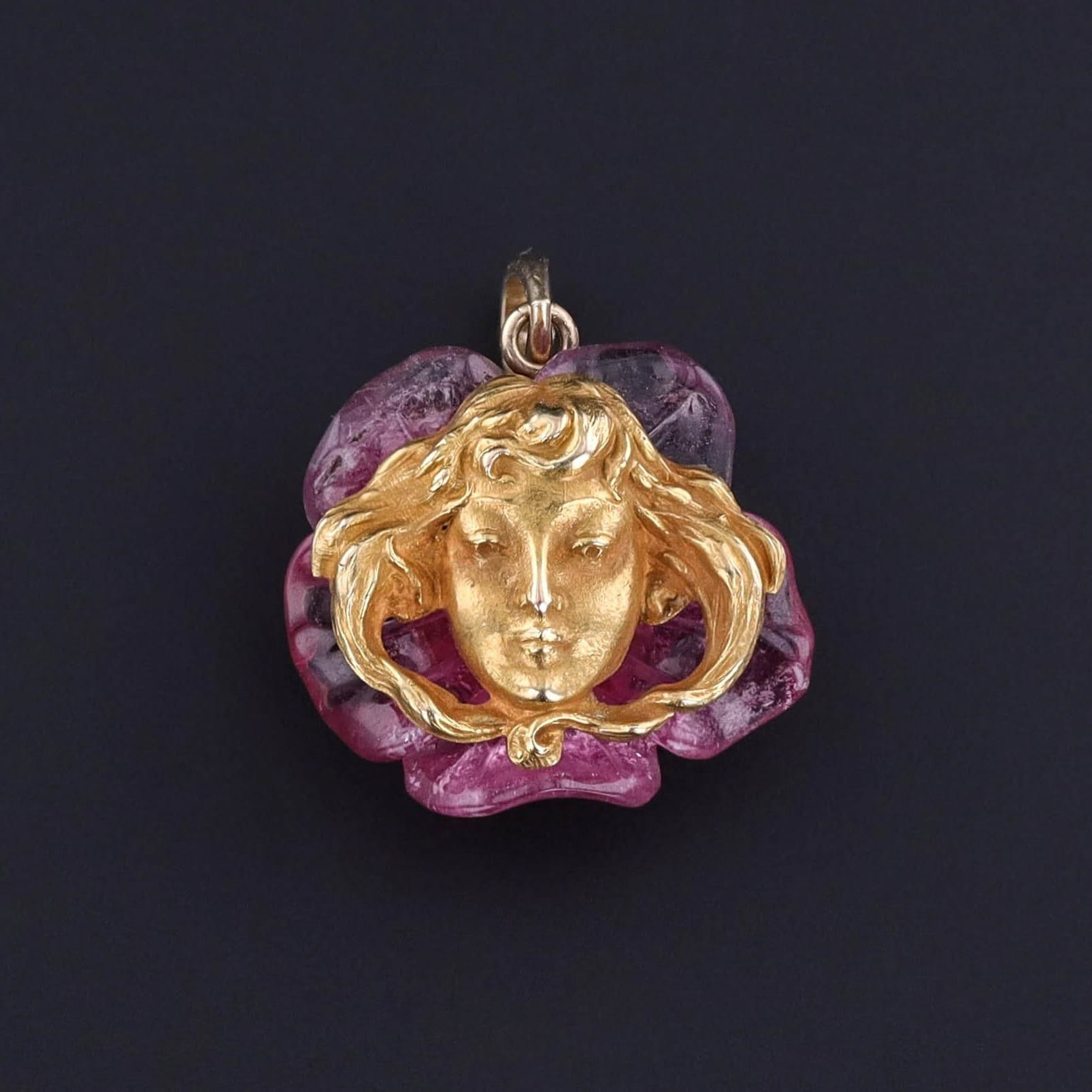 Floral Woman Pendant of Pink Tourmaline and 14k Gold