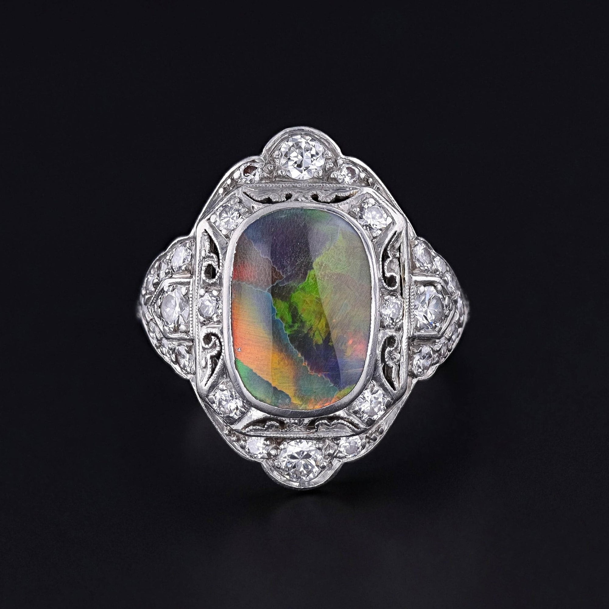 Art Deco Black Opal Ring of Platinum