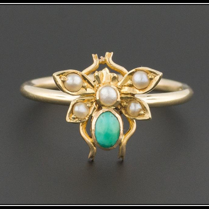 10k Gold Bug Ring | Turquoise Fly Ring | Antique Insect Ring | Turquoise & Pearl Bee Ring | Antique Conversion Ring | 10k Gold Ring