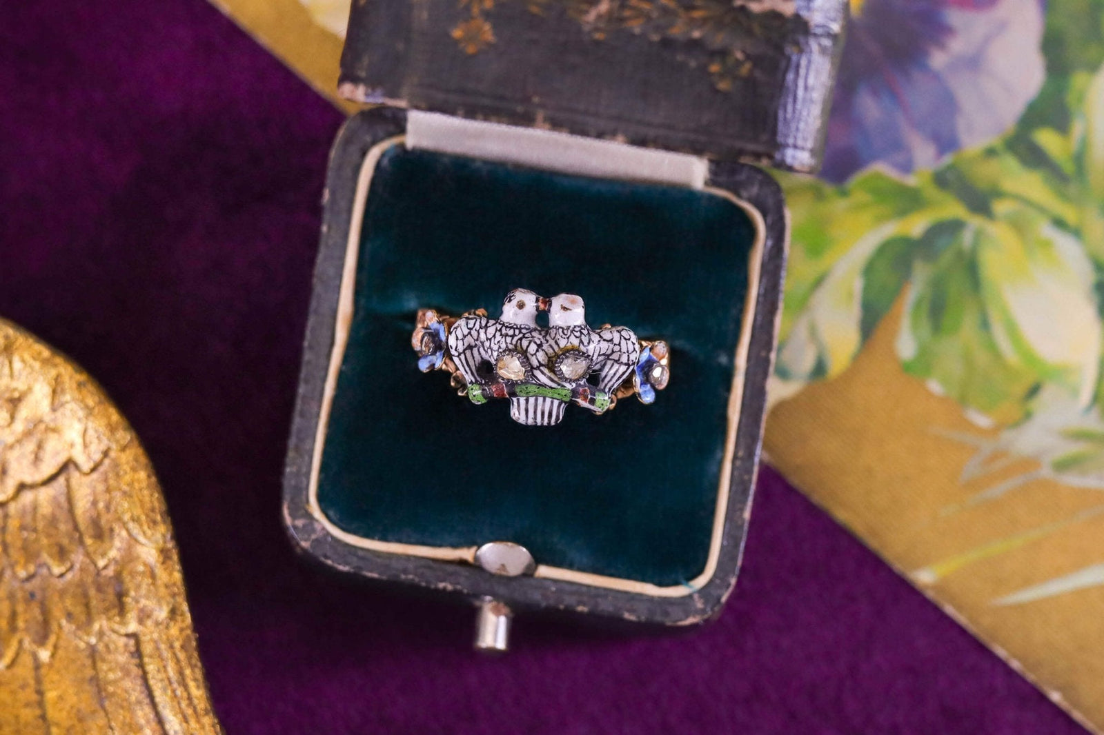 A Pair of Lovebirds, Circa 1780s: An Enamel and Diamond Ring from the Askonas-Fürth Collection - Trademark Antiques