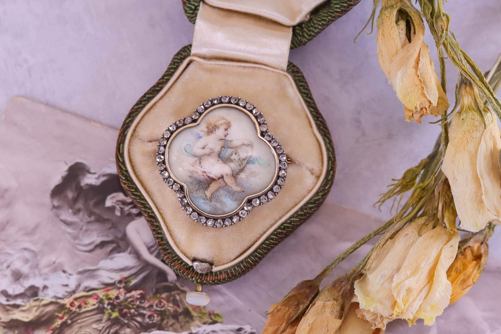 The Brooch That Holds a Myth: A Victorian Hand-Painted Miniature of Cupid and Psyche - Trademark Antiques