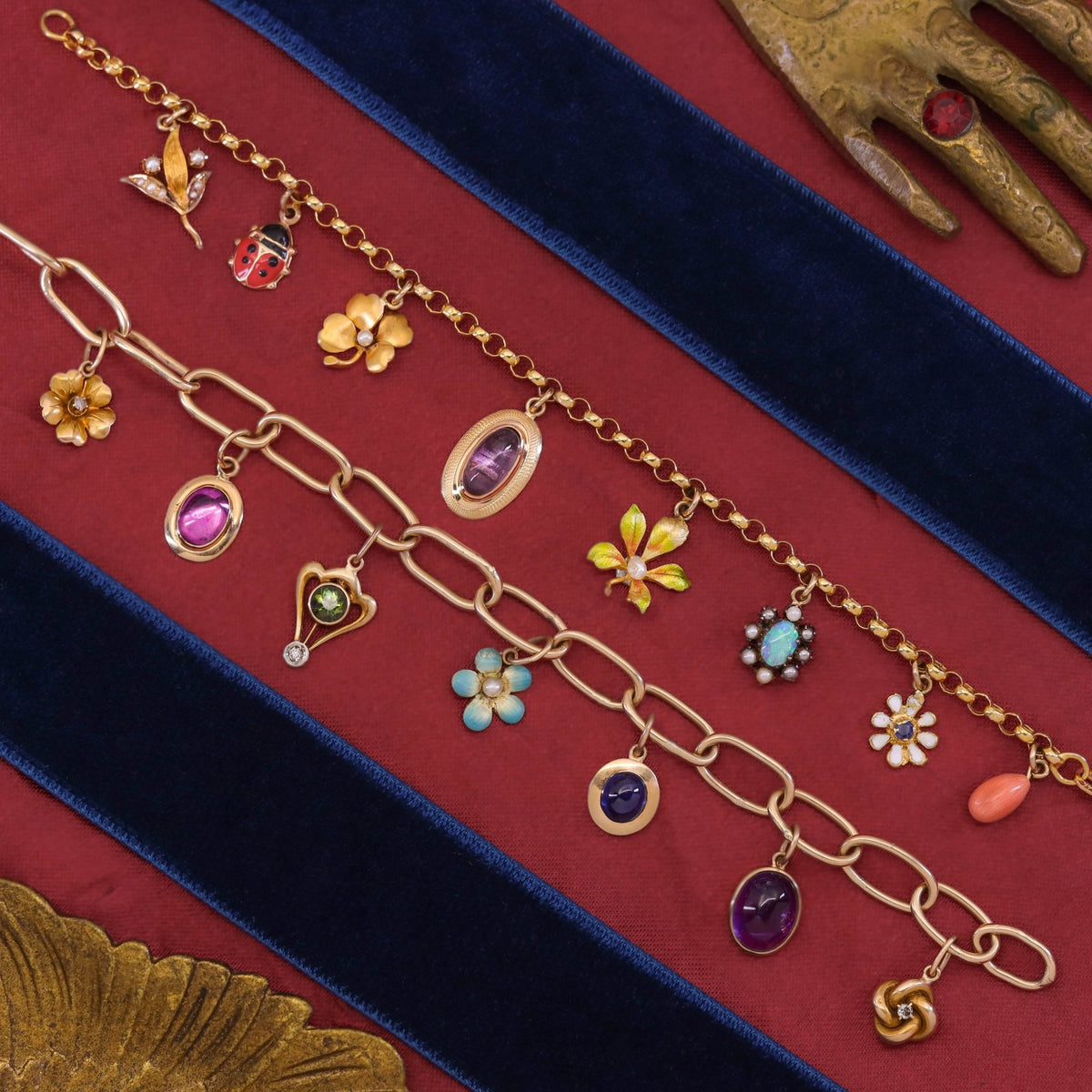 14k Gold Charm Bracelet with 7 Antique Charms - Trademark Antiques