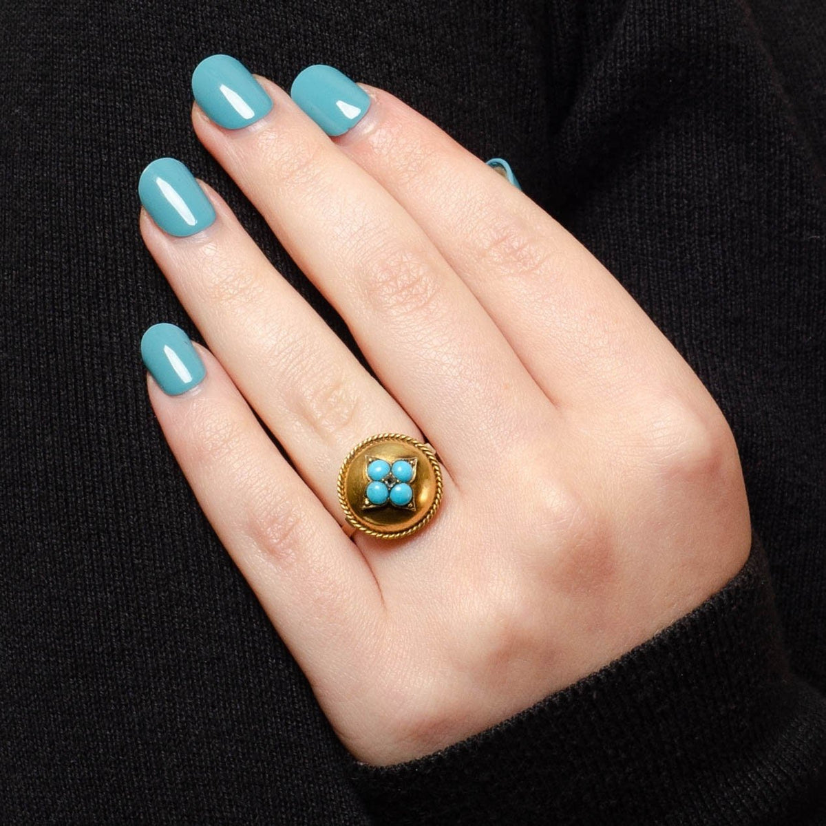 14k Gold Turquoise and Diamond Ring Created from an Antique Button - Trademark Antiques