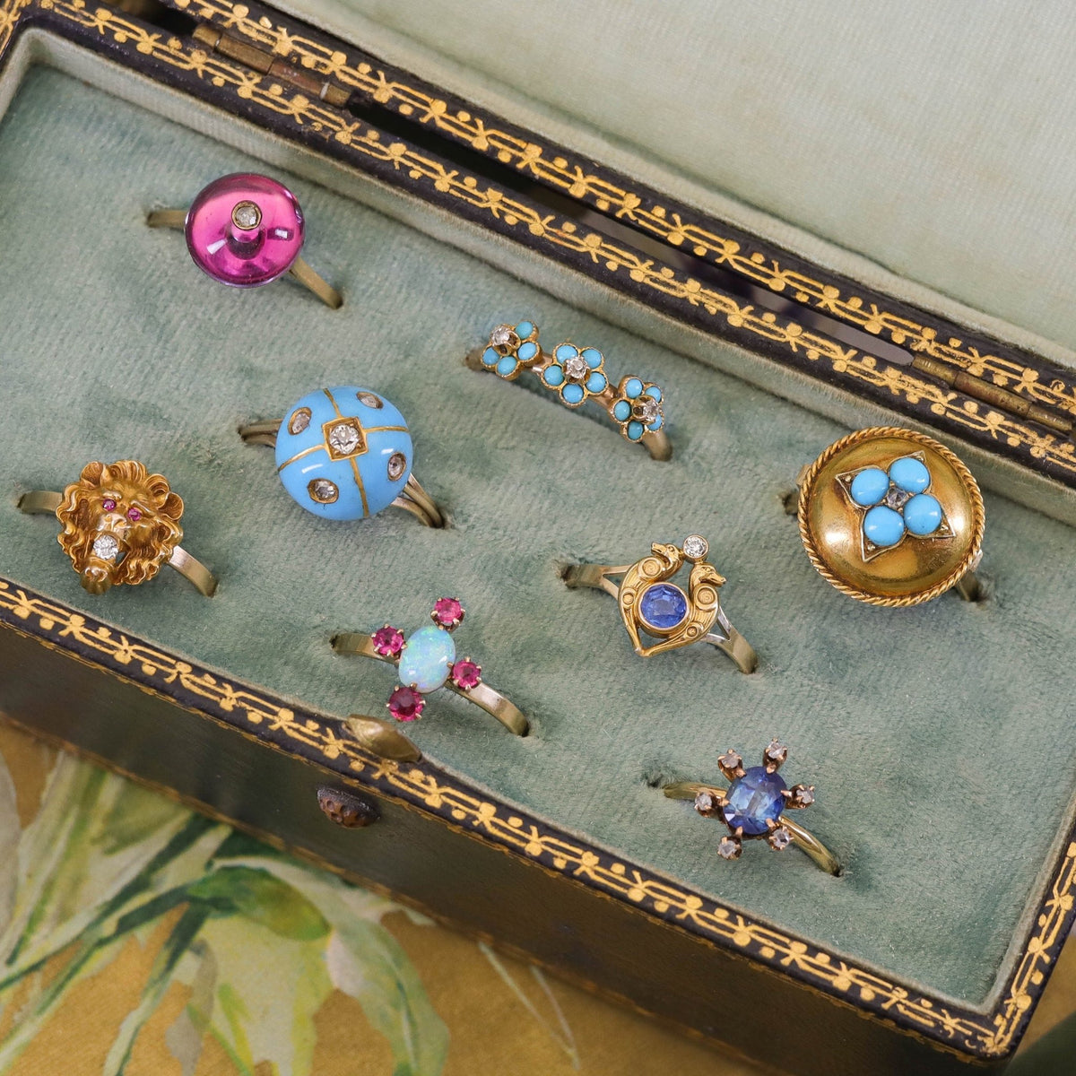 14k Gold Turquoise and Diamond Ring Created from an Antique Button - Trademark Antiques