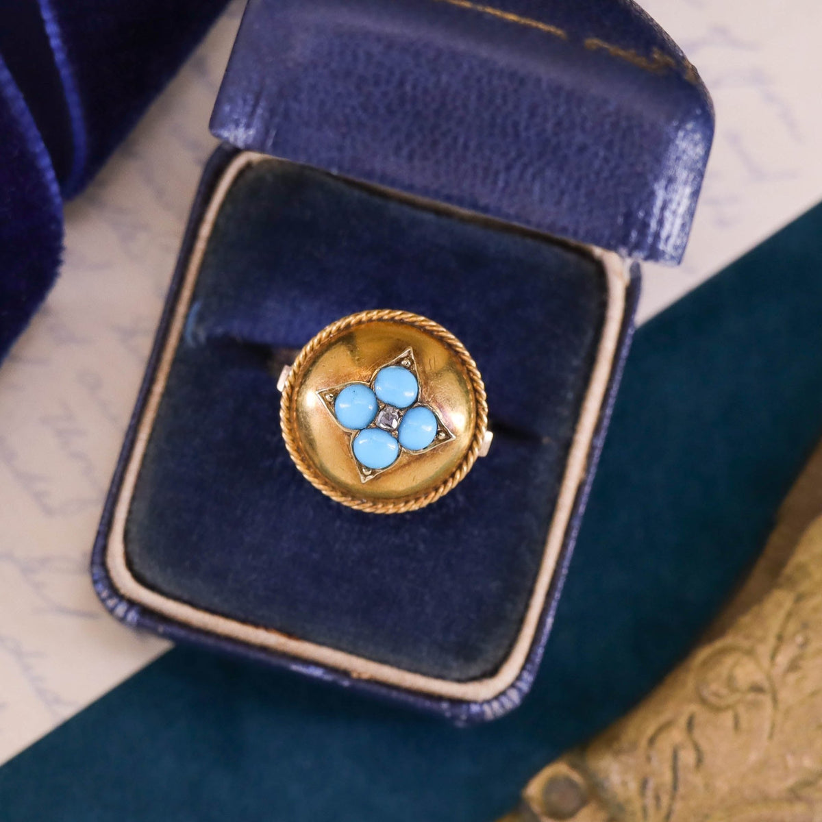 14k Gold Turquoise and Diamond Ring Created from an Antique Button - Trademark Antiques