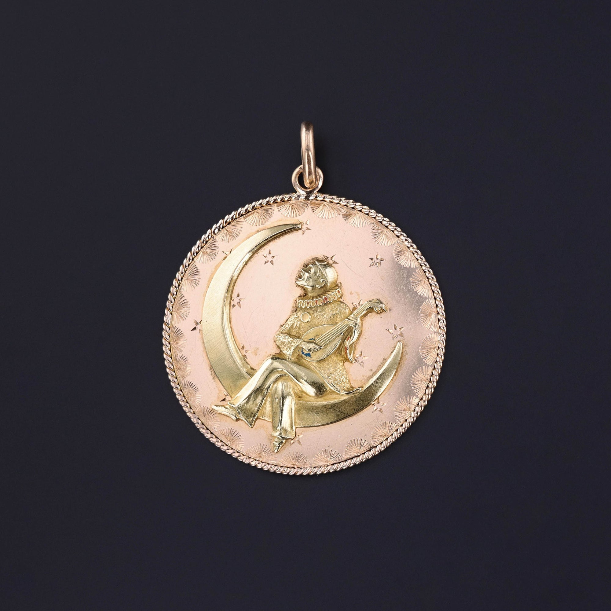 Antique Pierrot on Crescent Pendant of 18k Gold