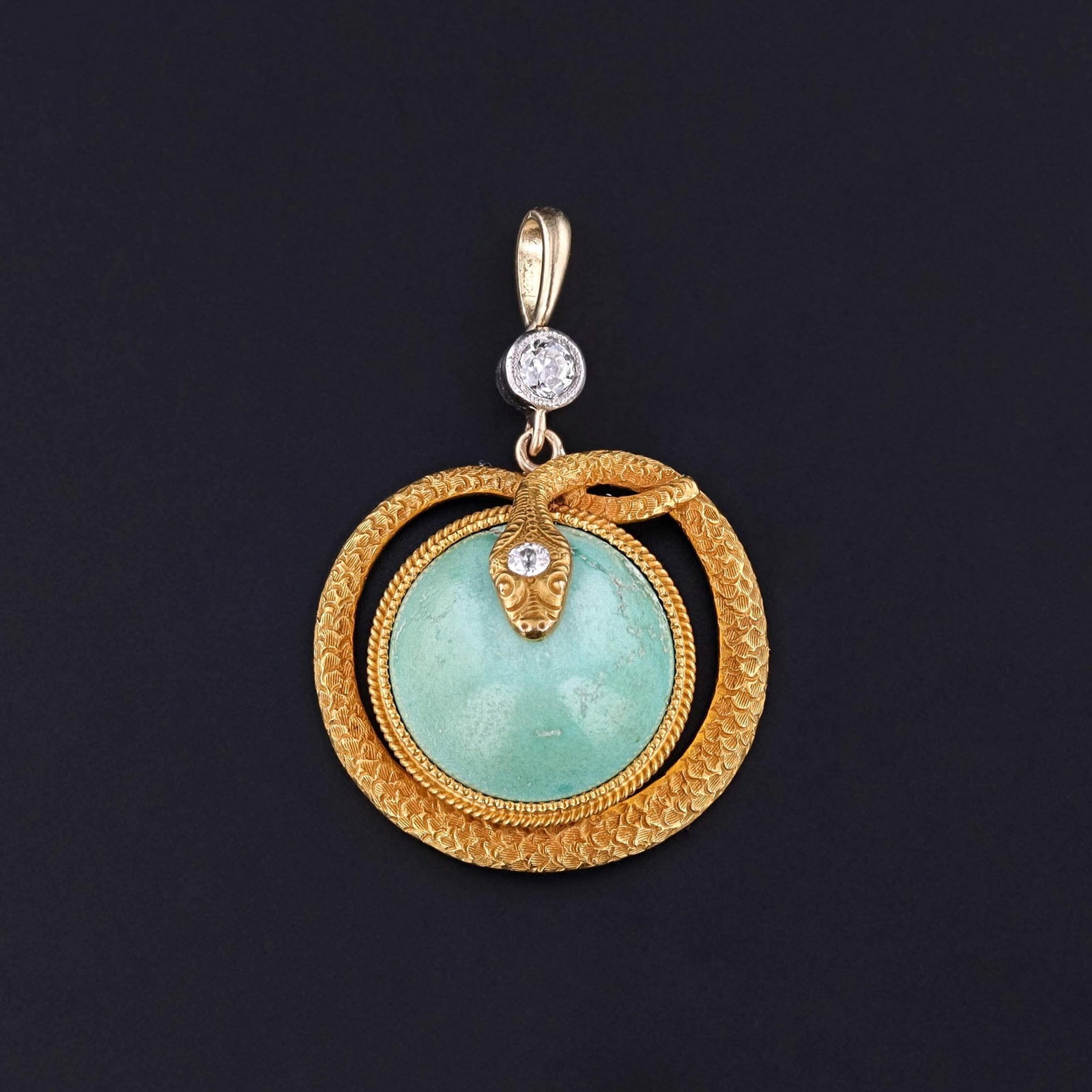 Antique Turquoise and Diamond Snake Pendant of 14k Gold
