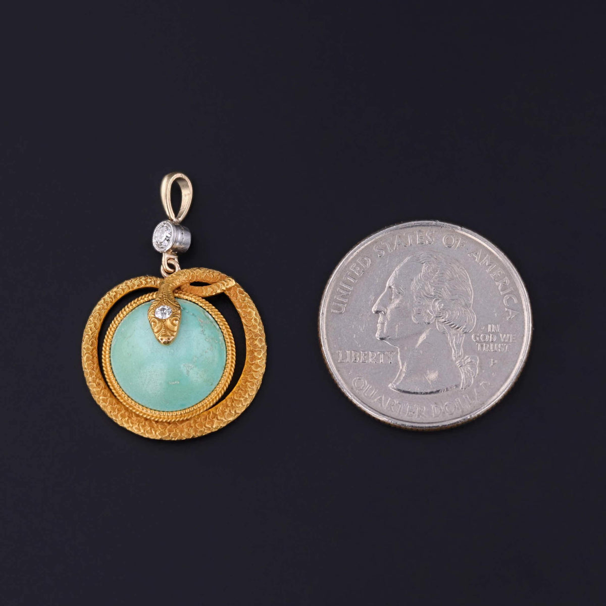 Antique Turquoise and Diamond Snake Pendant of 14k Gold