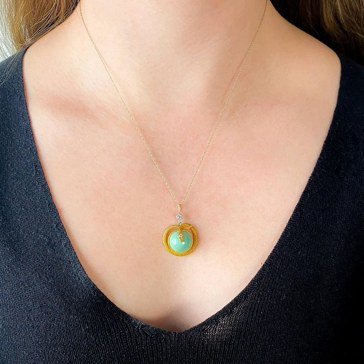 Antique Turquoise and Diamond Snake Pendant of 14k Gold