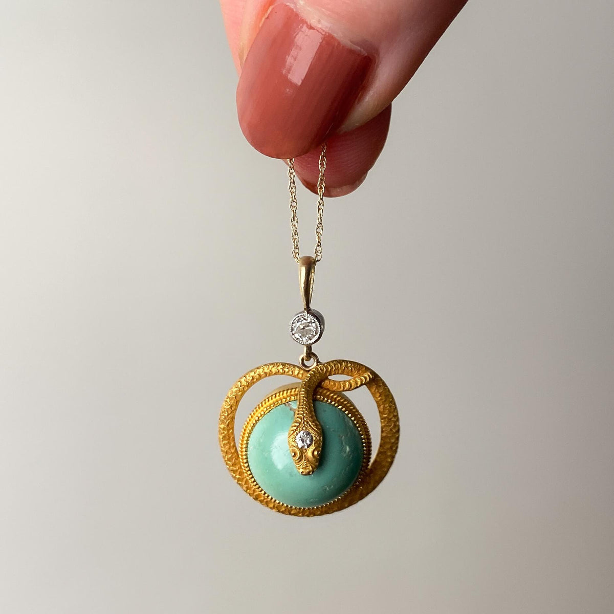 Antique Turquoise and Diamond Snake Pendant of 14k Gold