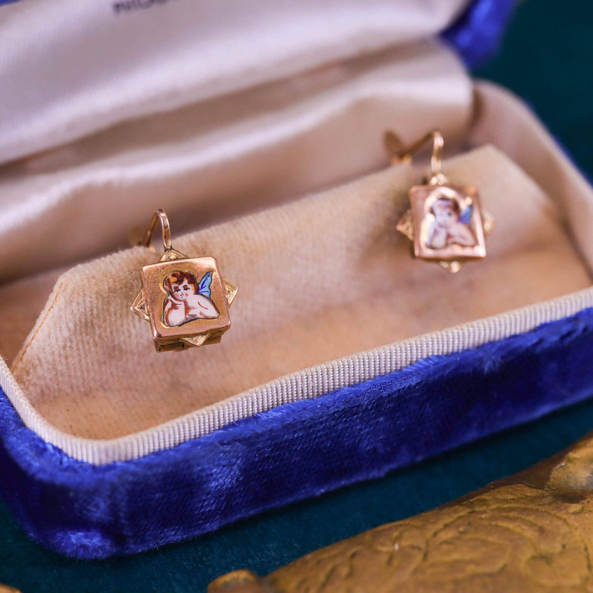 Victorian Enamel Cherub Earrings of 9k Gold