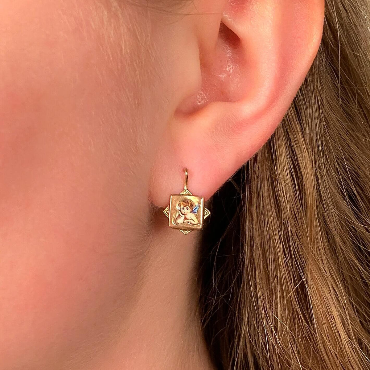 Victorian Enamel Cherub Earrings of 9k Gold