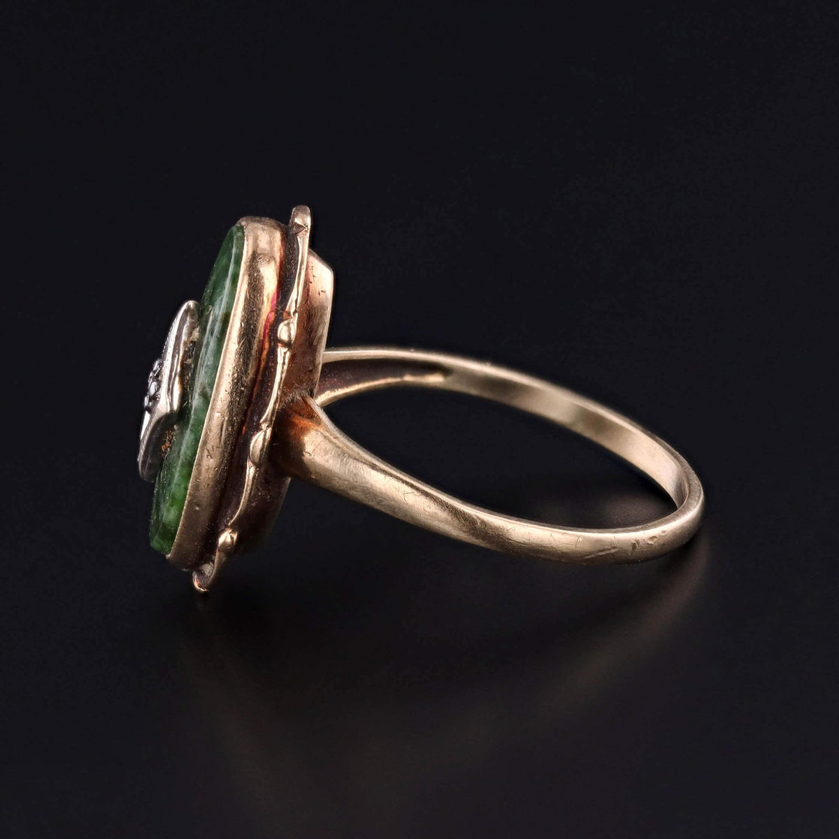 Vintage Diamond and Green Chalcedony Ring of 10k Gold
