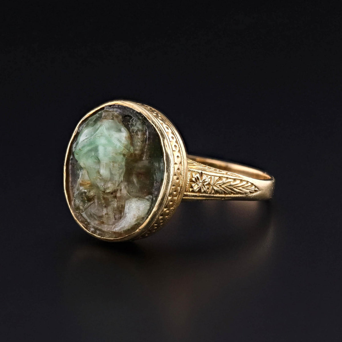 Antique Carved Emerald Cameo Ring of 14k Gold