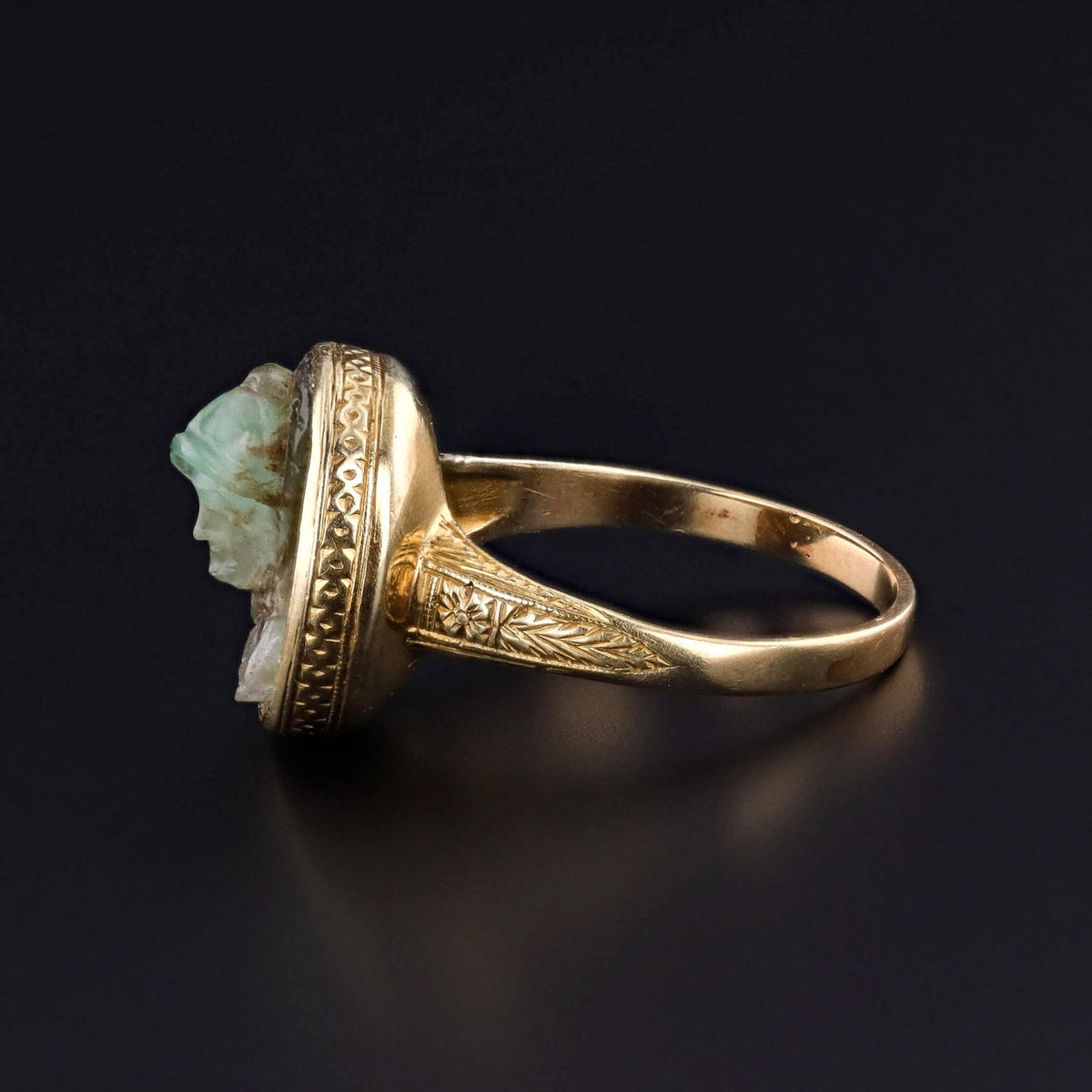 Antique Carved Emerald Cameo Ring of 14k Gold