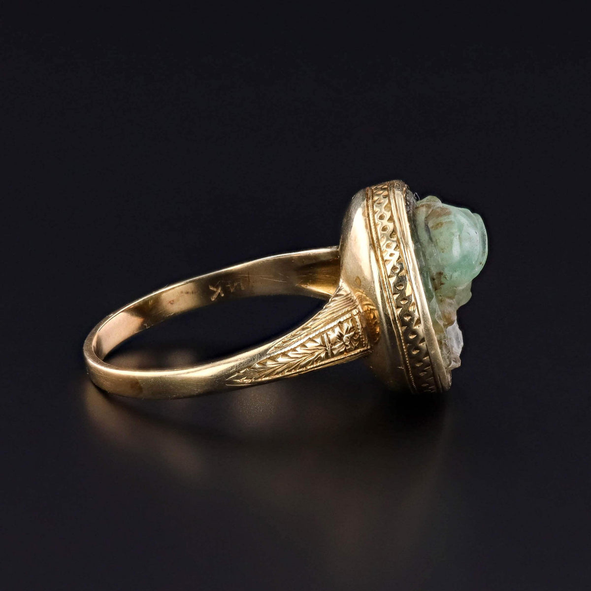 Antique Carved Emerald Cameo Ring of 14k Gold