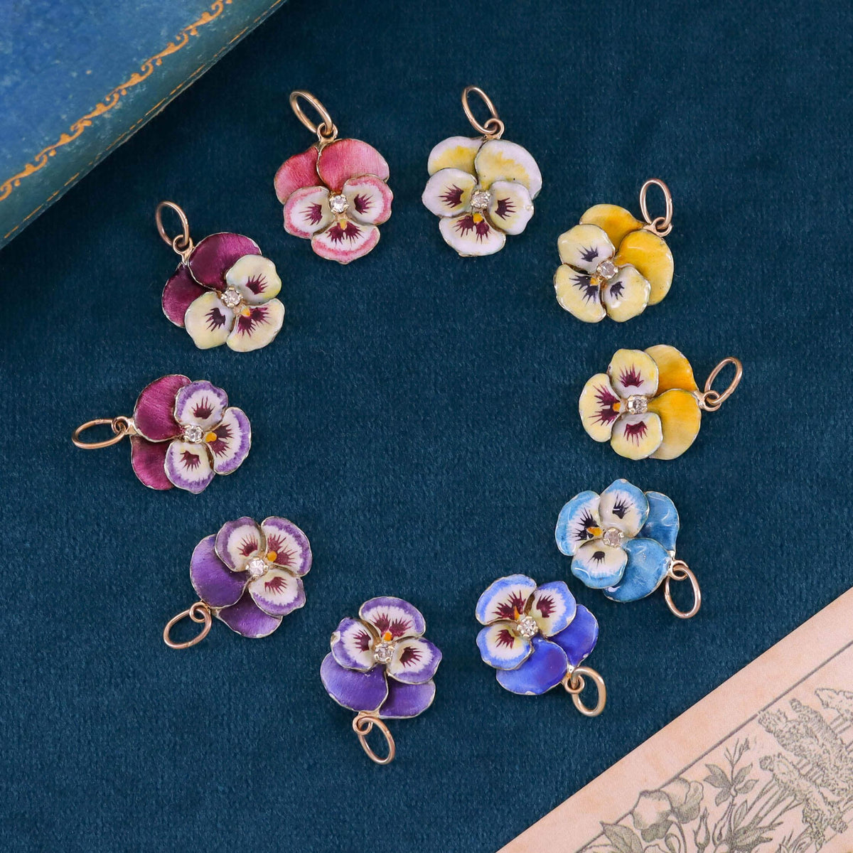 Vintage White Enamel Pansy Charm of 14k Gold