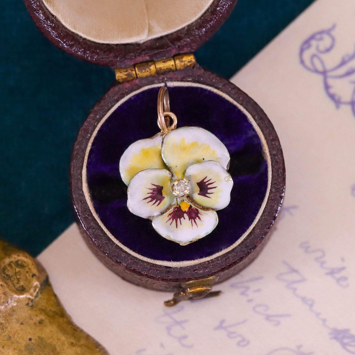Vintage White Enamel Pansy Charm of 14k Gold