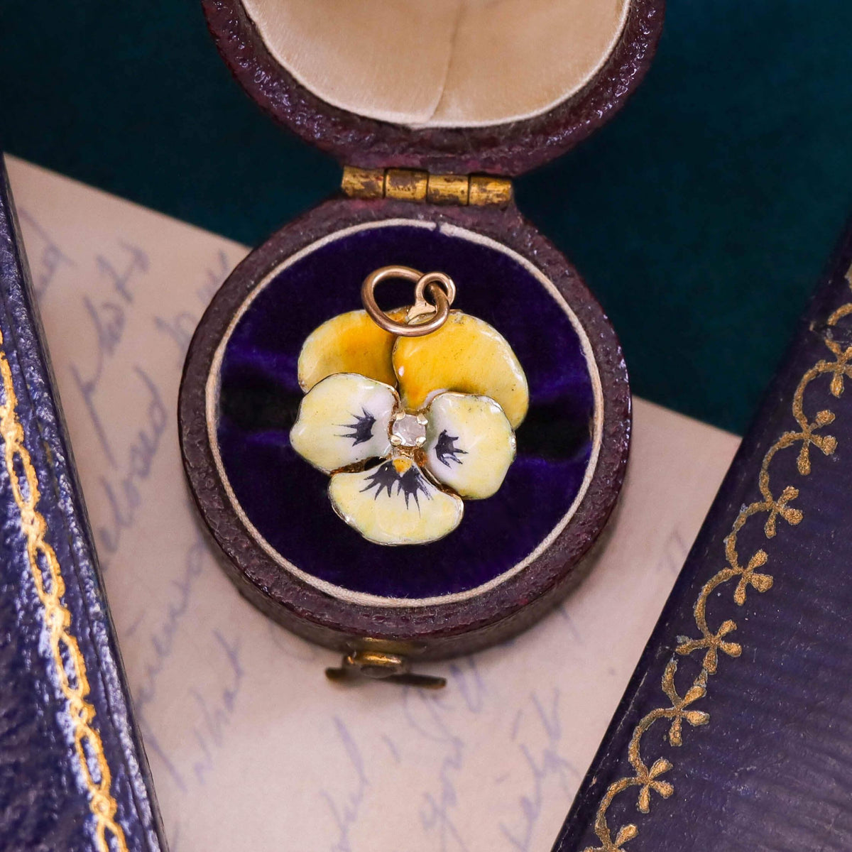 Vintage Yellow Enamel Pansy Charm of 14k Gold