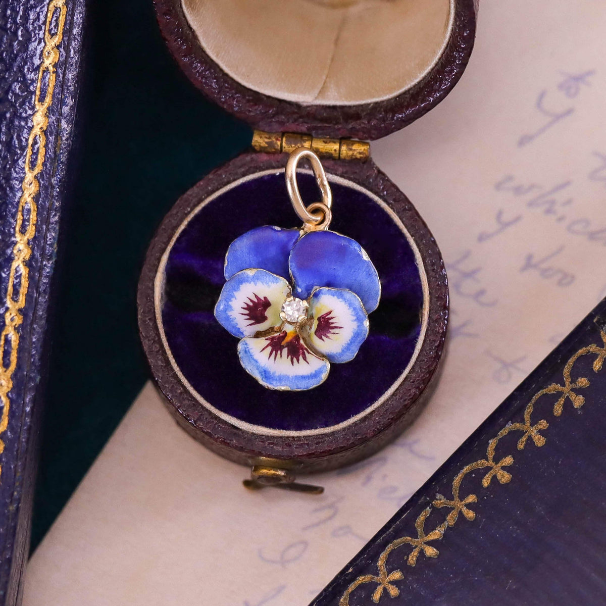 Vintage Blue Enamel Pansy Charm of 14k Gold