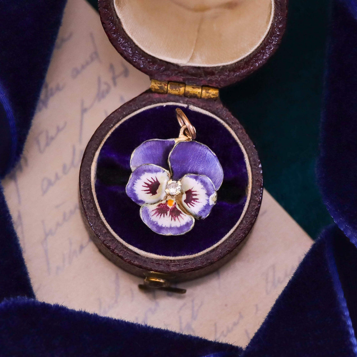 Vintage Indigo Enamel Pansy Charm of 14k Gold