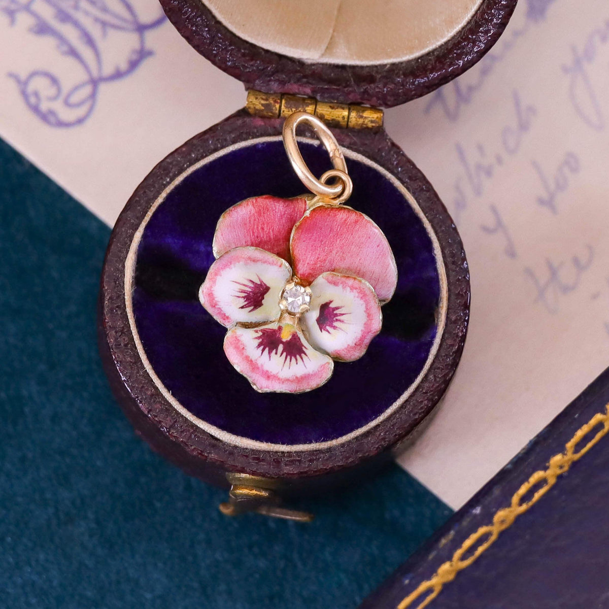 Vintage Pink Enamel Pansy Charm of 14k Gold