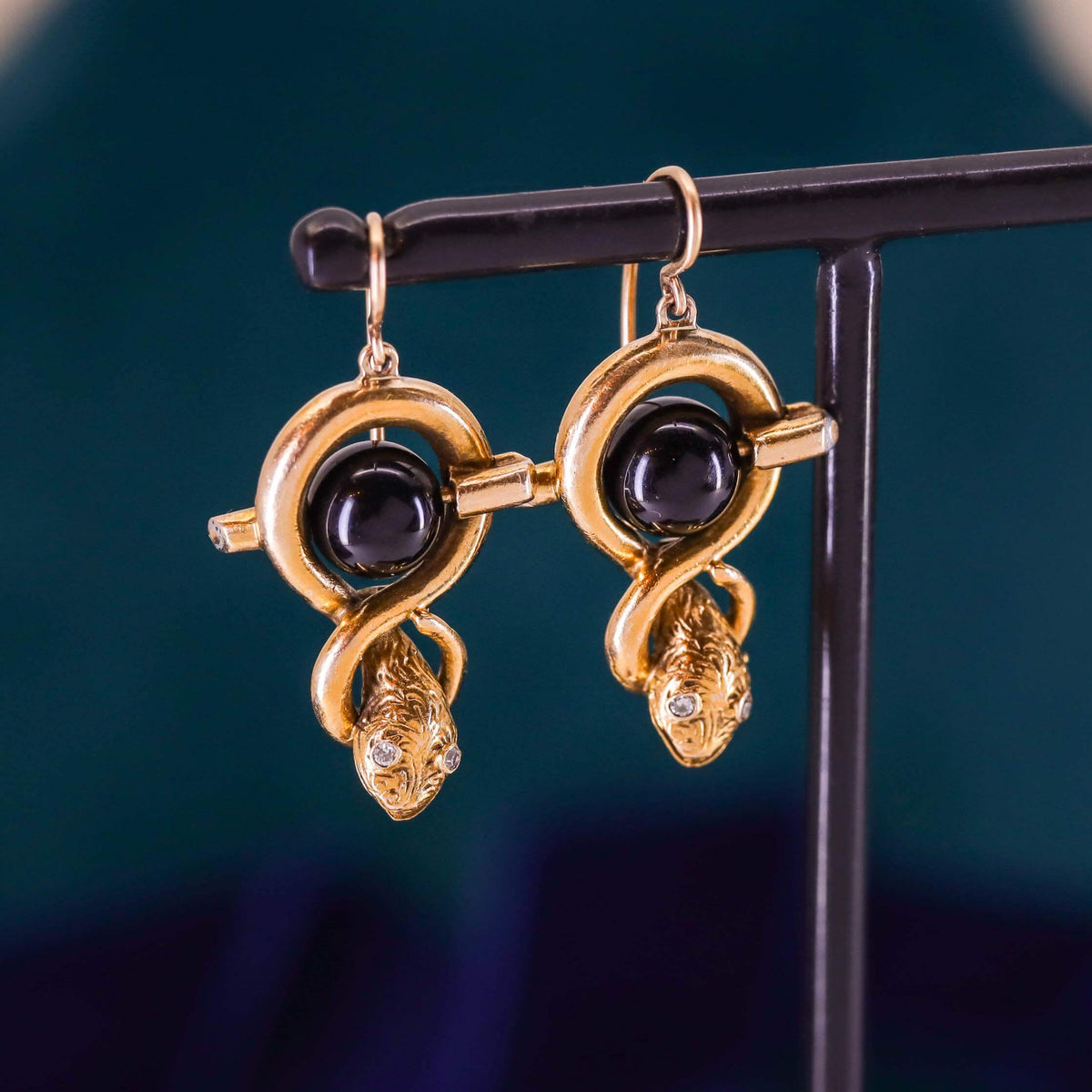 Vintage Snake Earrings of 14k Gold and Onyx