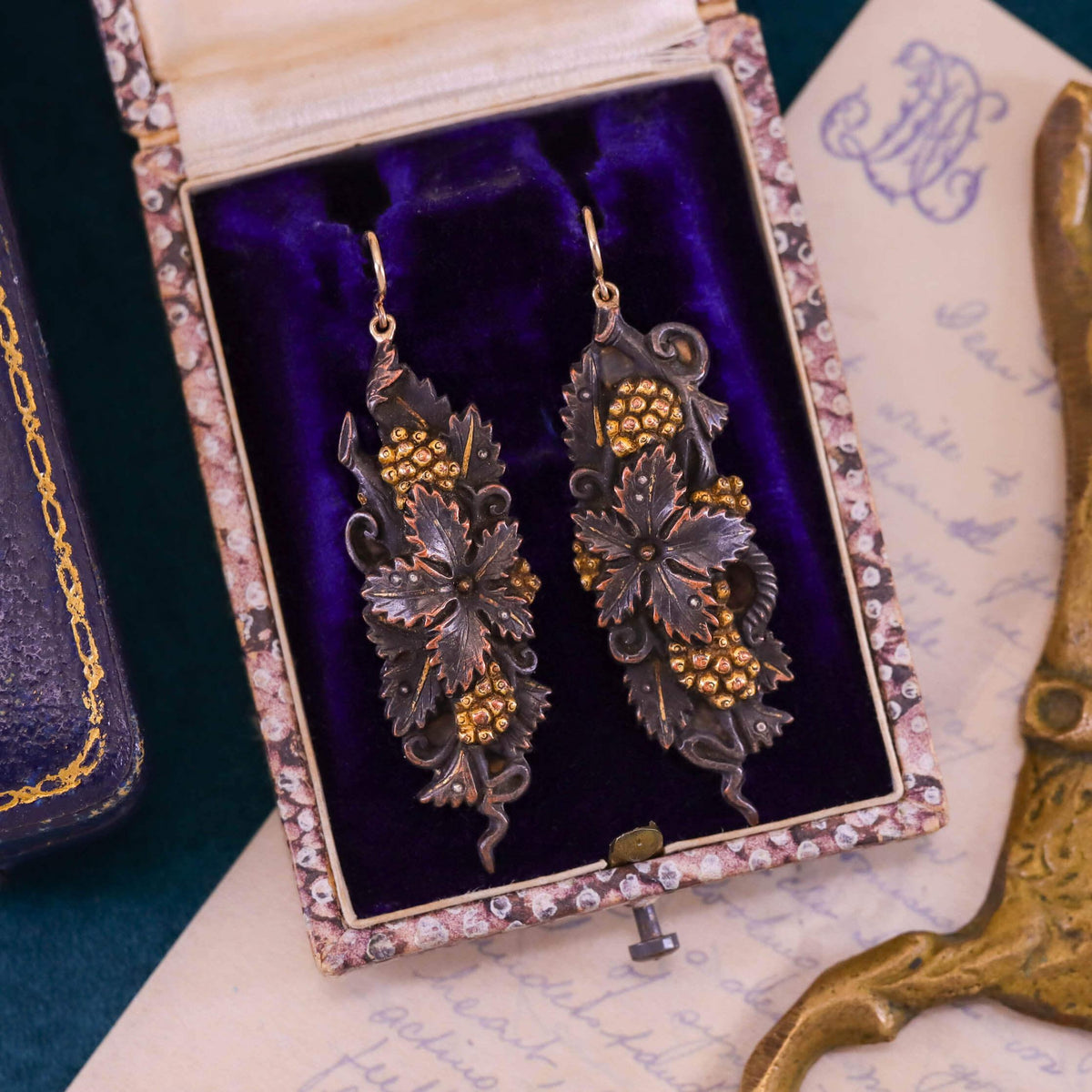 Antique Shakudo Floral Earrings with 14k Gold