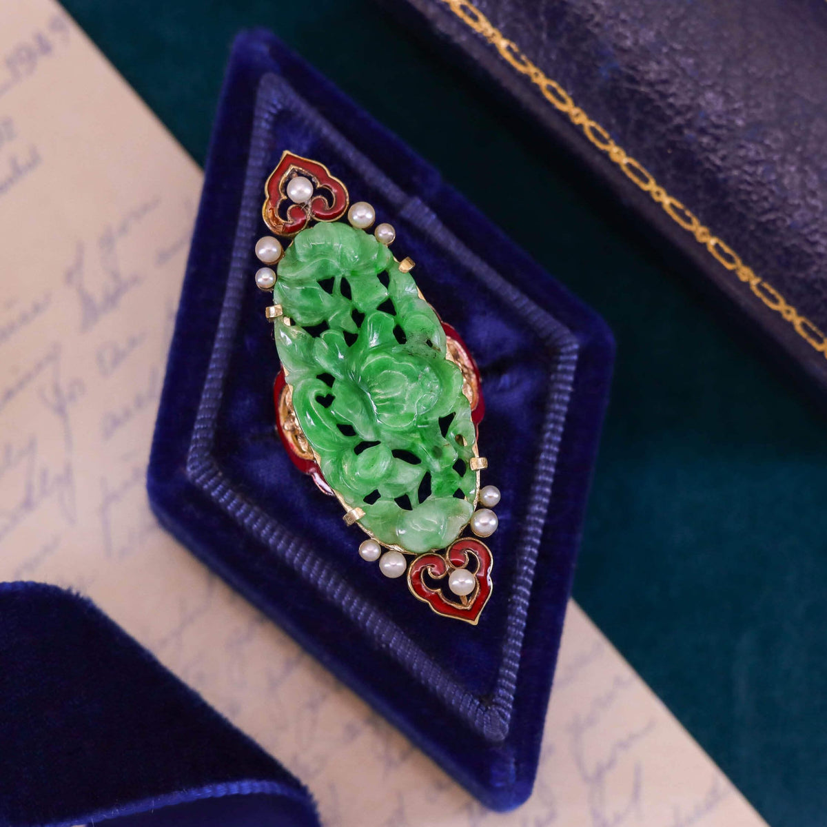 Antique Carved Jadeite and Enamel Ring of 14k Gold