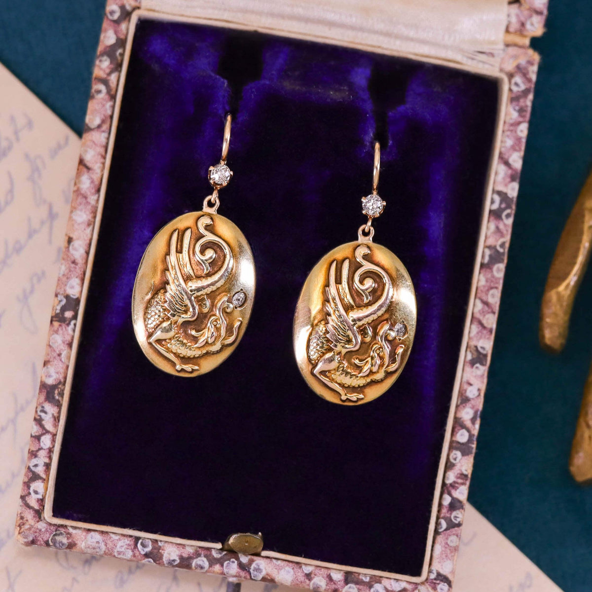 Antique Griffin Earrings of 10k and 14k Gold