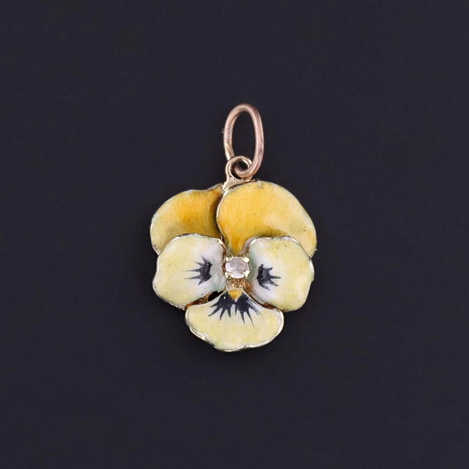 Vintage Yellow Enamel Pansy Charm of 14k Gold