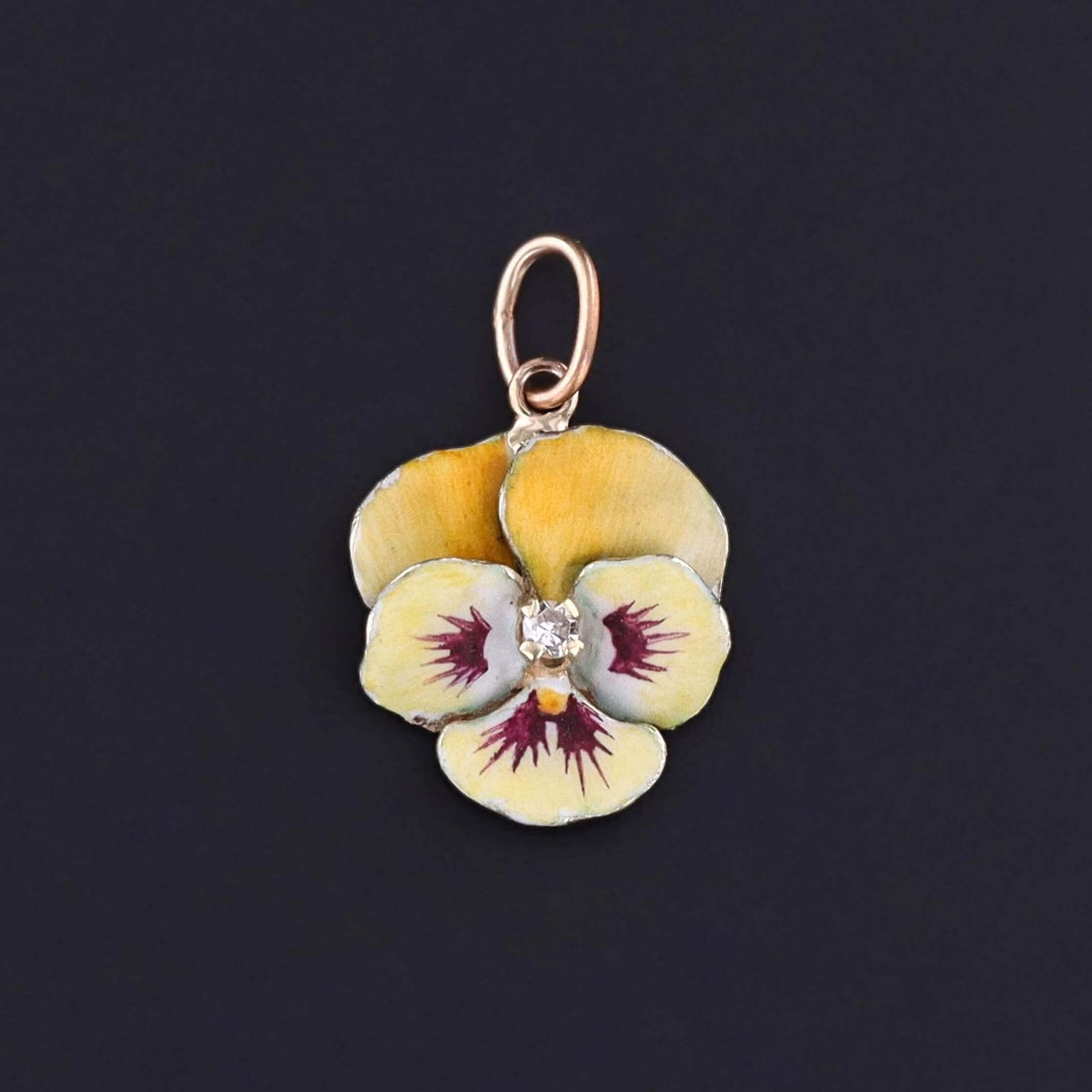 Vintage Yellow Enamel Pansy Charm of 14k Gold