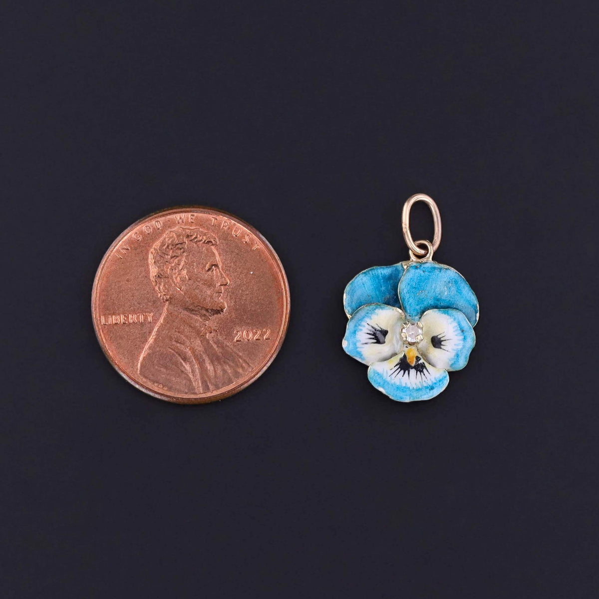 Vintage Turquoise Enamel Pansy Charm of 14k Gold