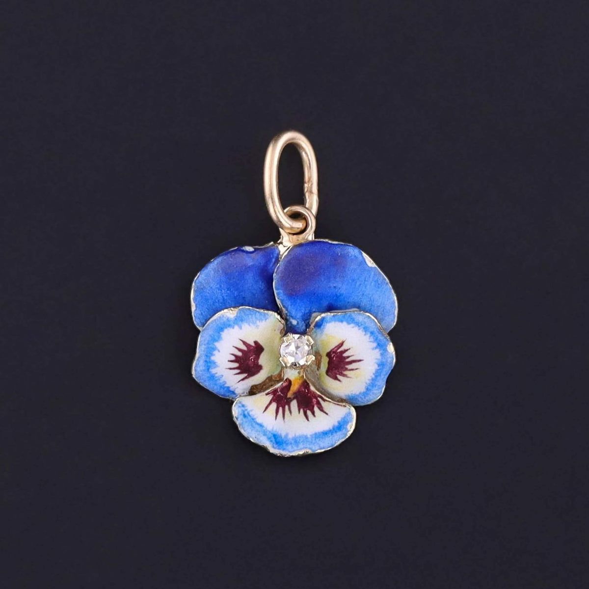 Vintage Blue Enamel Pansy Charm of 14k Gold