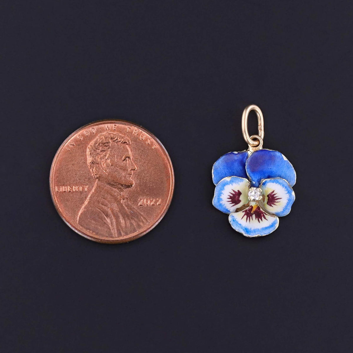 Vintage Blue Enamel Pansy Charm of 14k Gold