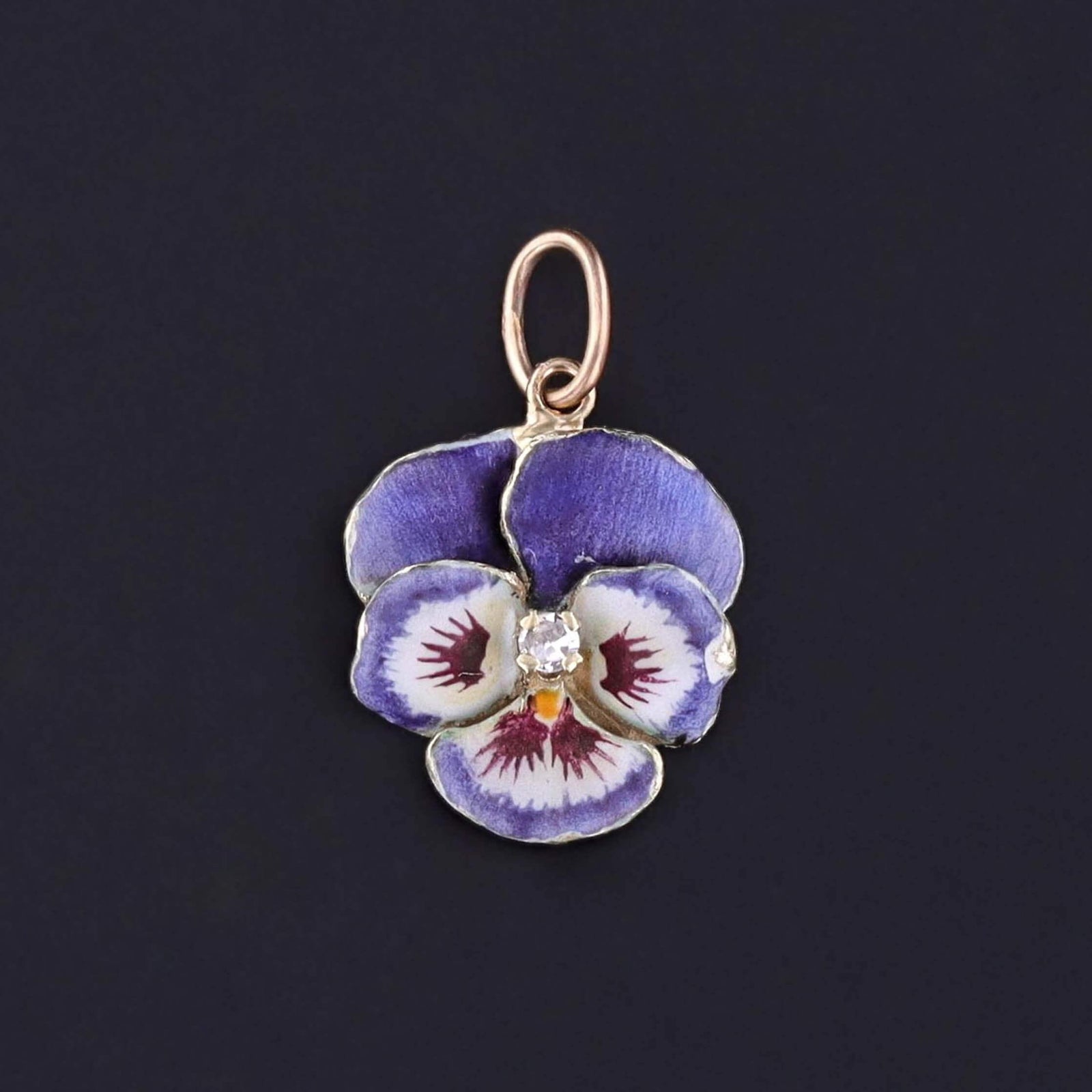 Vintage Indigo Enamel Pansy Charm of 14k Gold