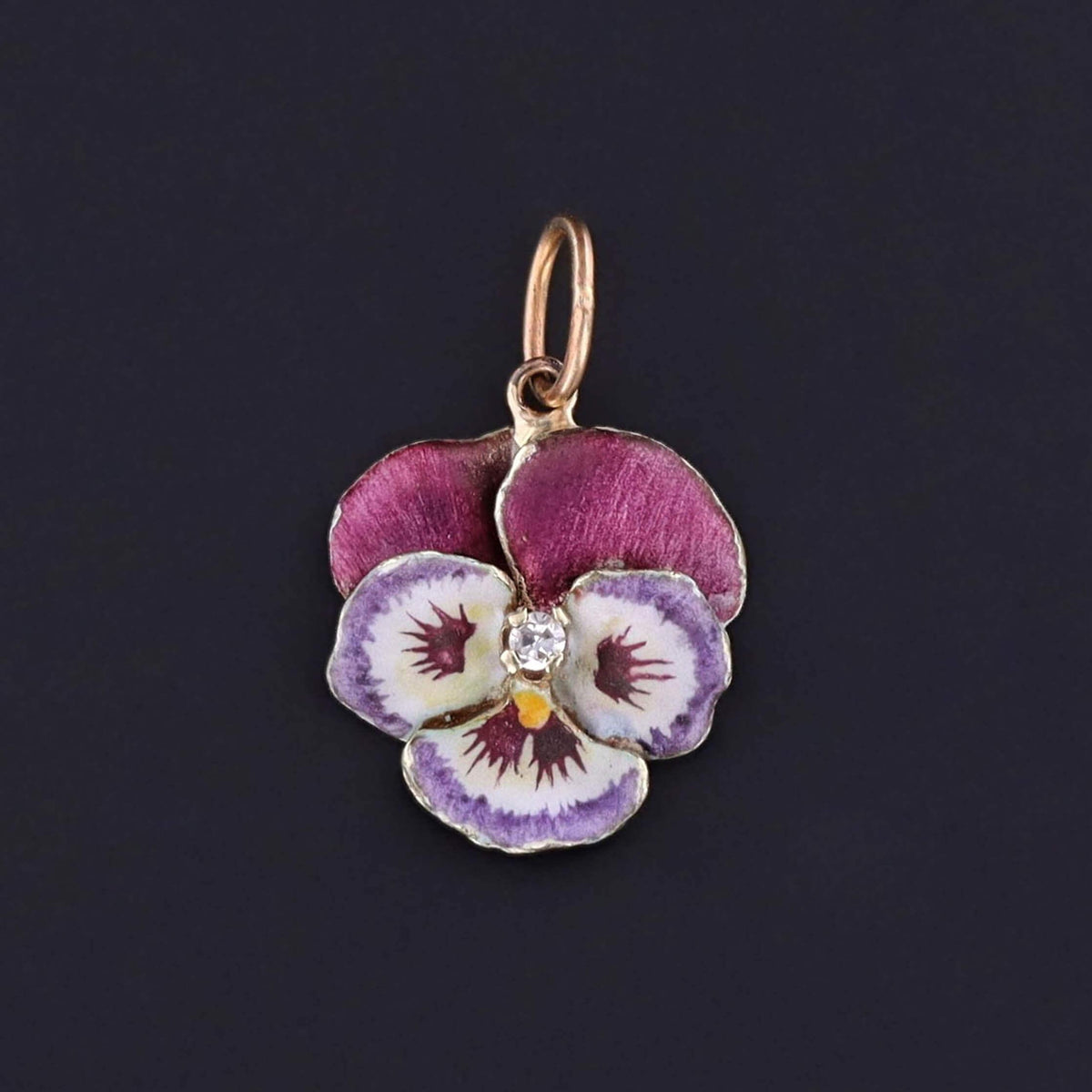 Vintage Purple Enamel Pansy Charm of 14k Gold