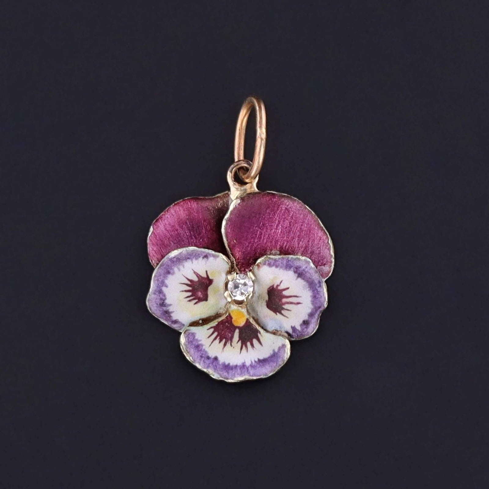 Vintage Purple Enamel Pansy Charm of 14k Gold