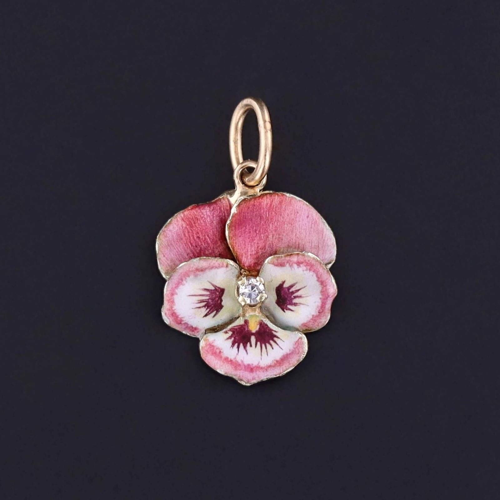 Vintage Pink Enamel Pansy Charm of 14k Gold
