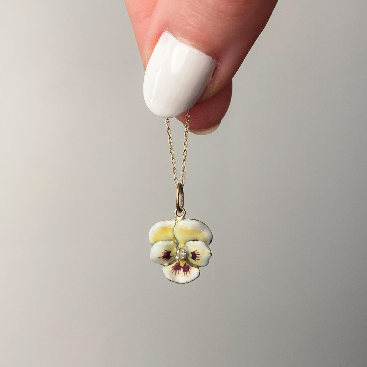 Vintage White Enamel Pansy Charm of 14k Gold