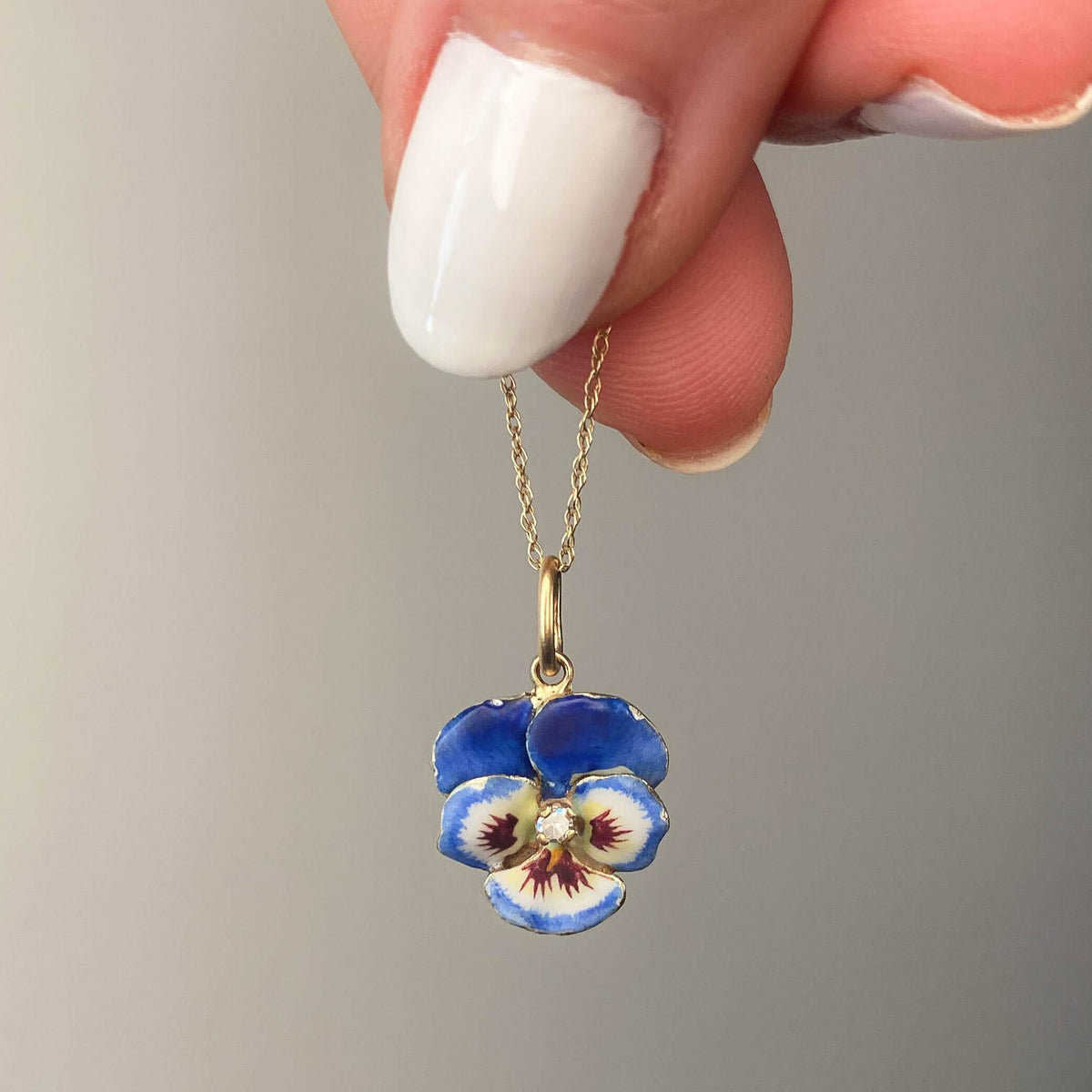 Vintage Blue Enamel Pansy Charm of 14k Gold