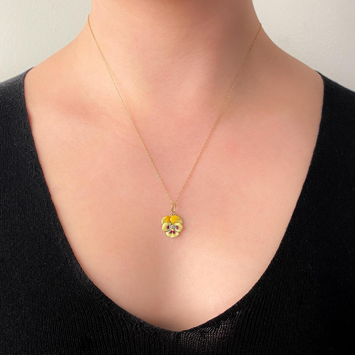 Vintage Yellow Enamel Pansy Charm of 14k Gold