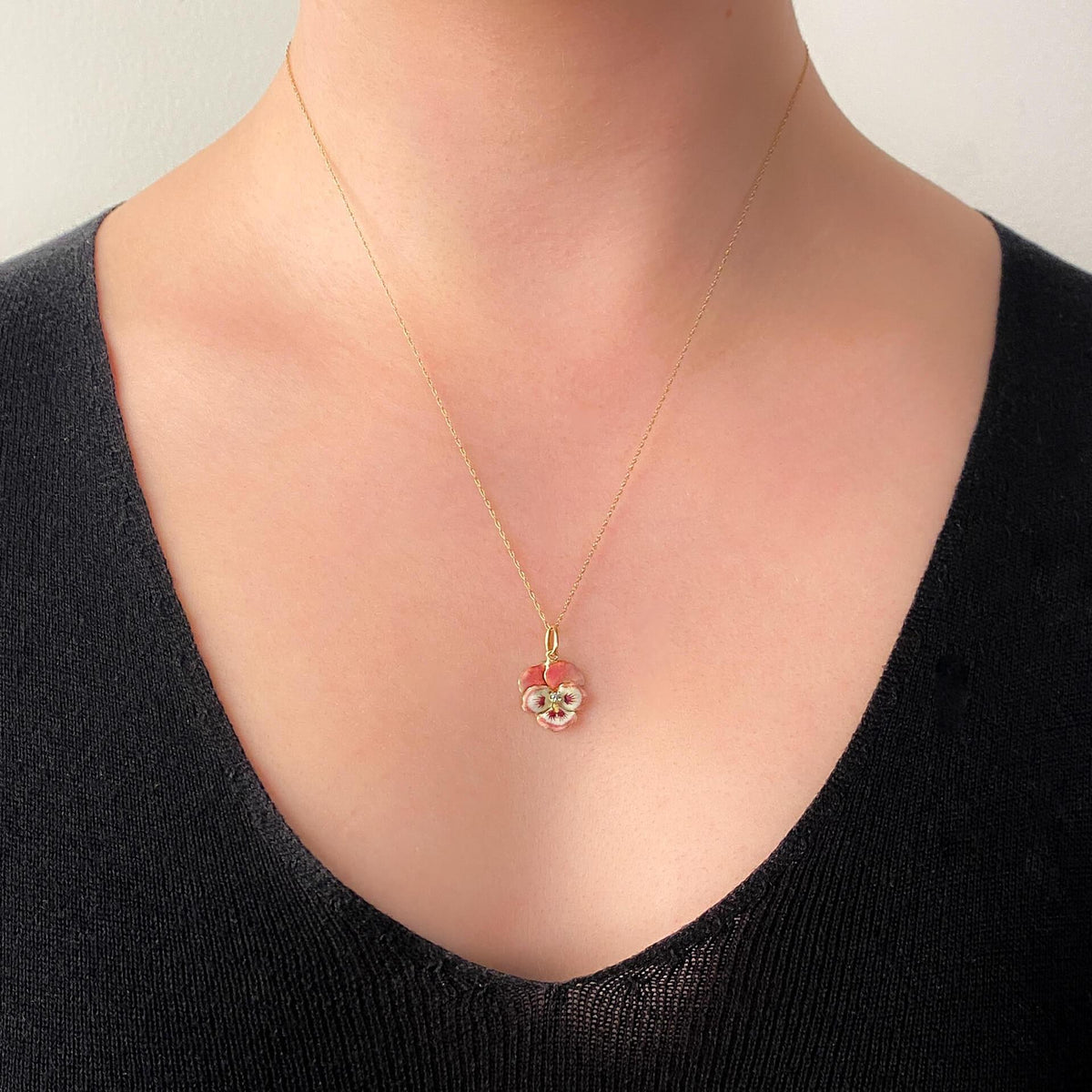 Vintage Pink Enamel Pansy Charm of 14k Gold