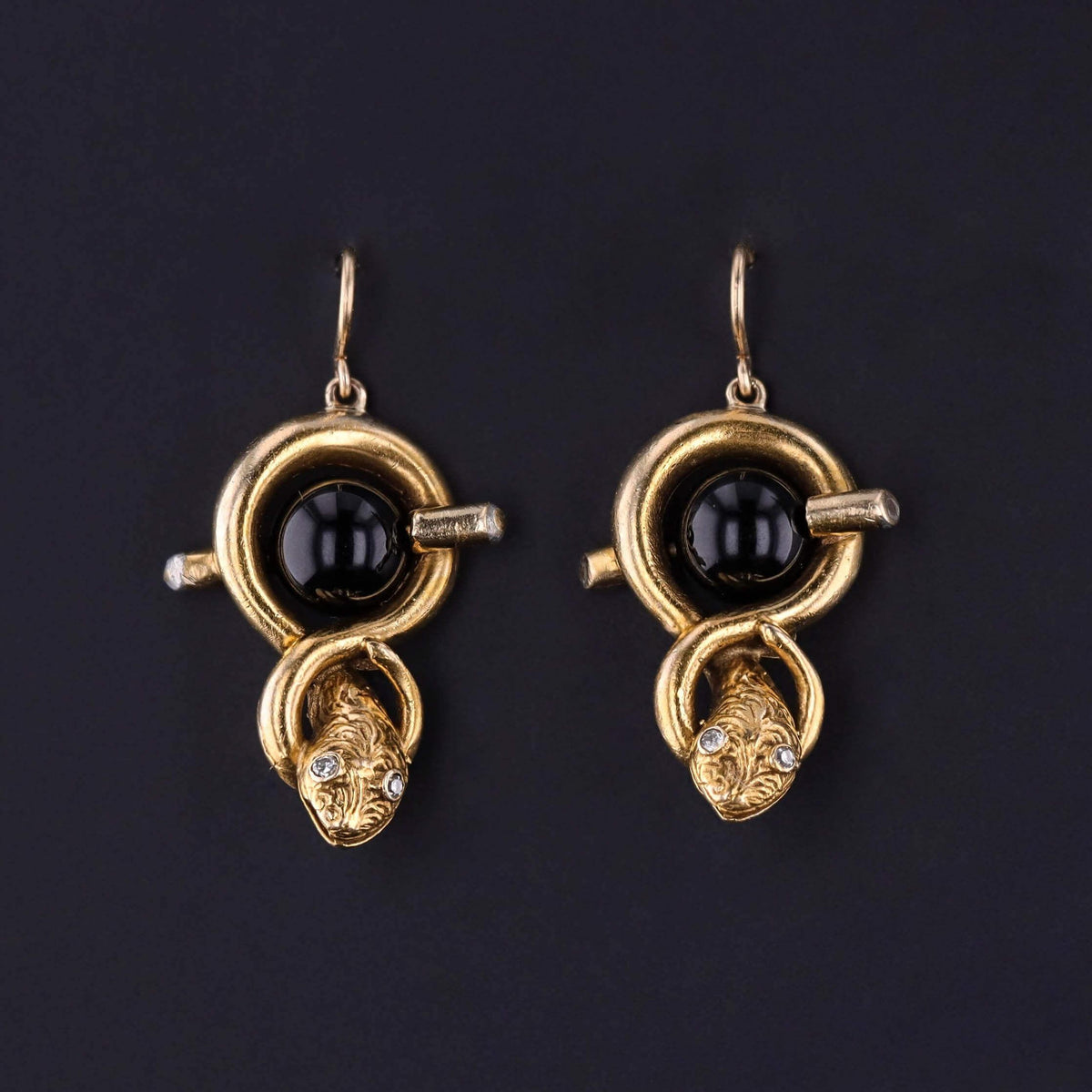 Vintage Snake Earrings of 14k Gold and Onyx
