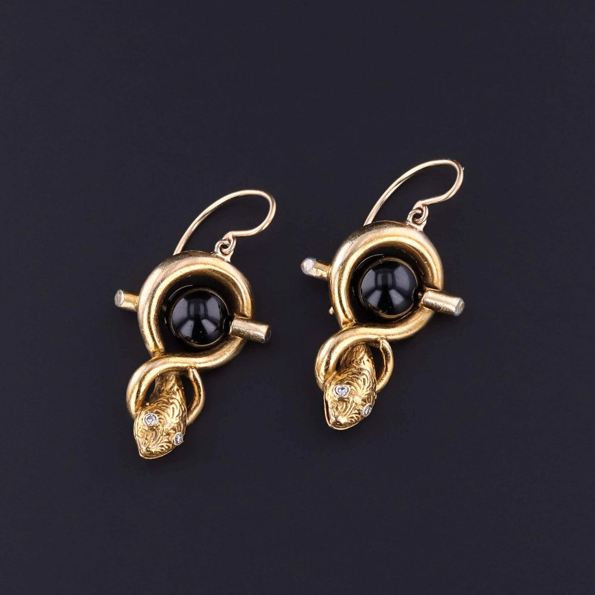Vintage Snake Earrings of 14k Gold and Onyx